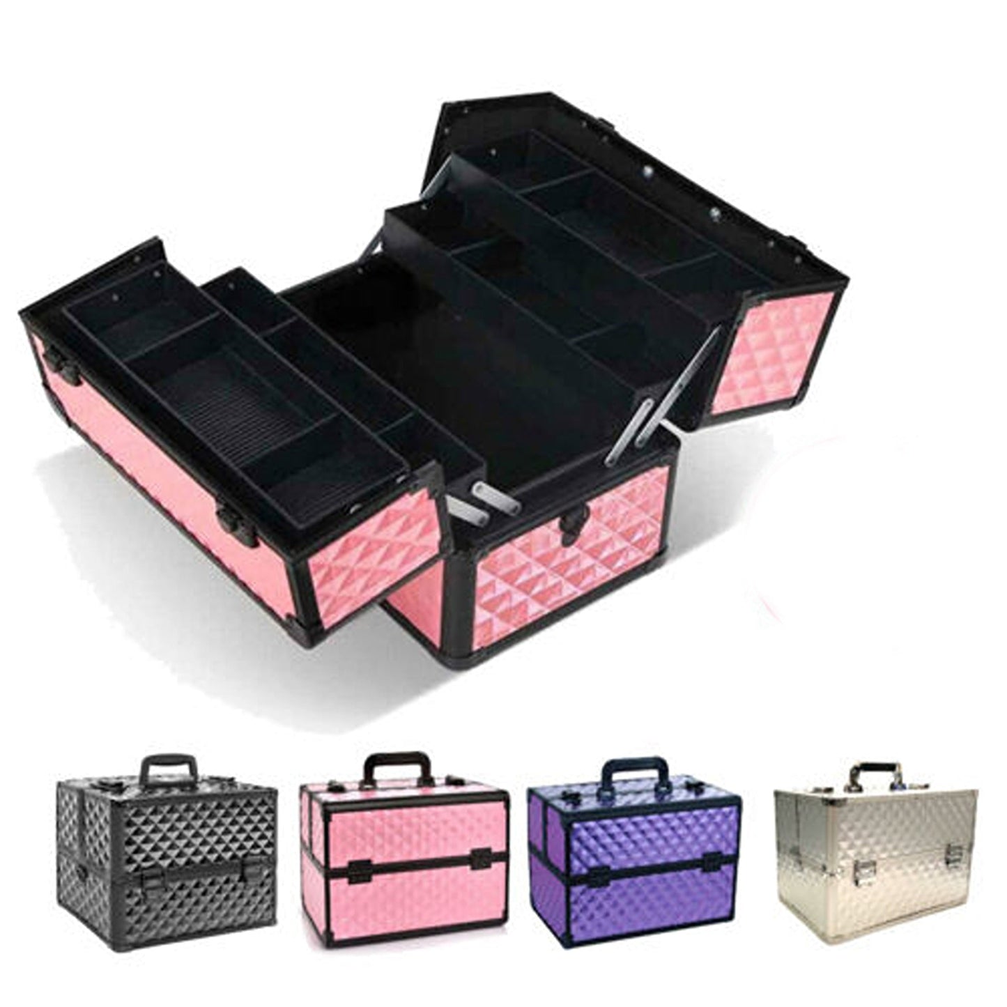 Portable Diamond Pattern Beauty Makeup Cosmetic Case with Carry Strap