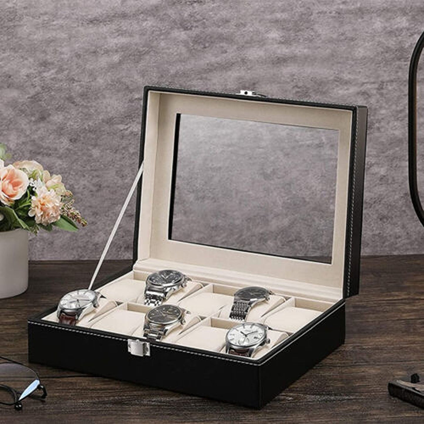 Leather Watch Box Organizer for Jewelry and Watches Glass Display Case