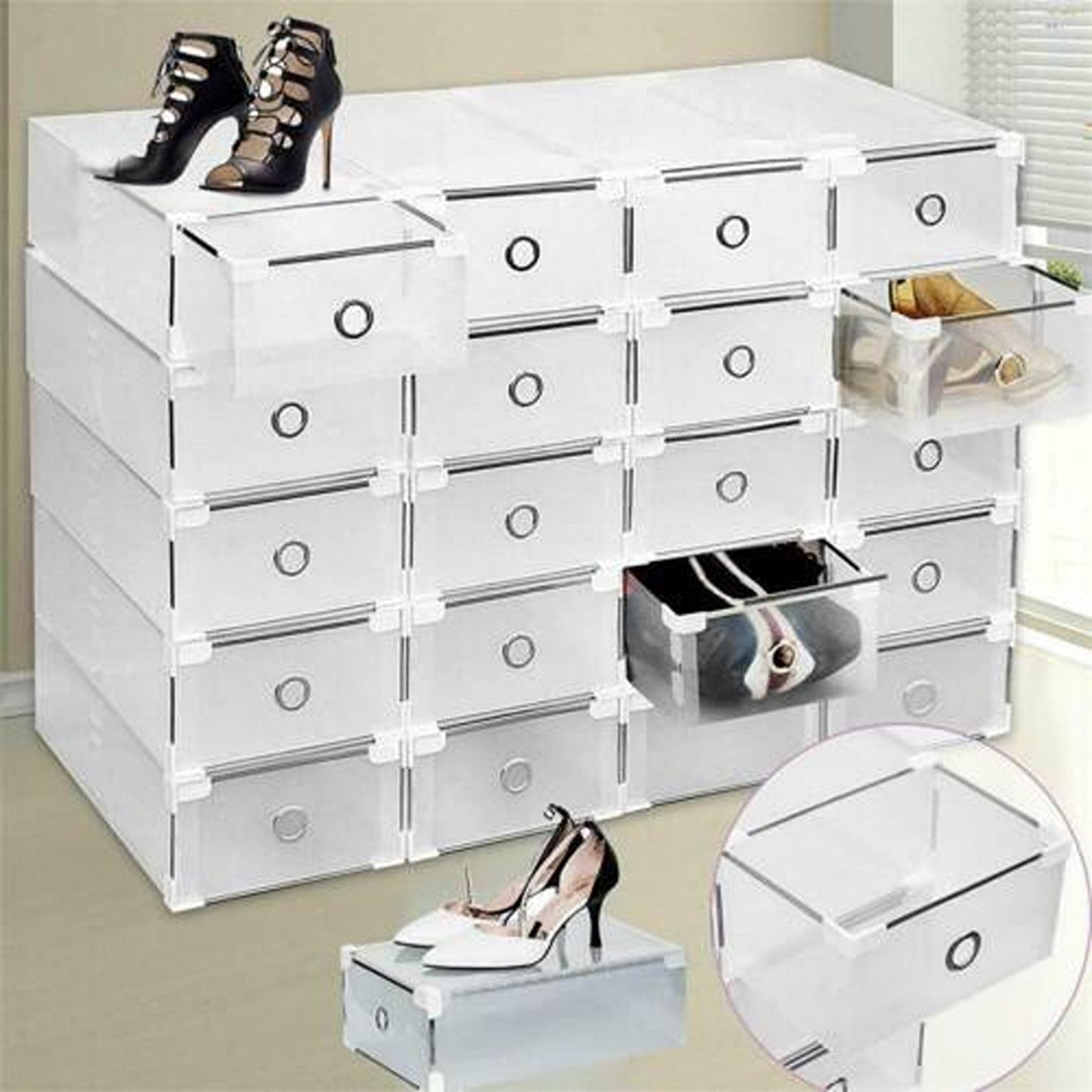 Stackable Transparent Footwear Storage 6 to 20pcs Foldable Drawer