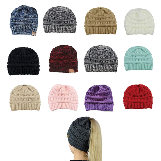 High Bun Ponytail Beanie for Women Soft Stretch Cable Knit Crochet Hat