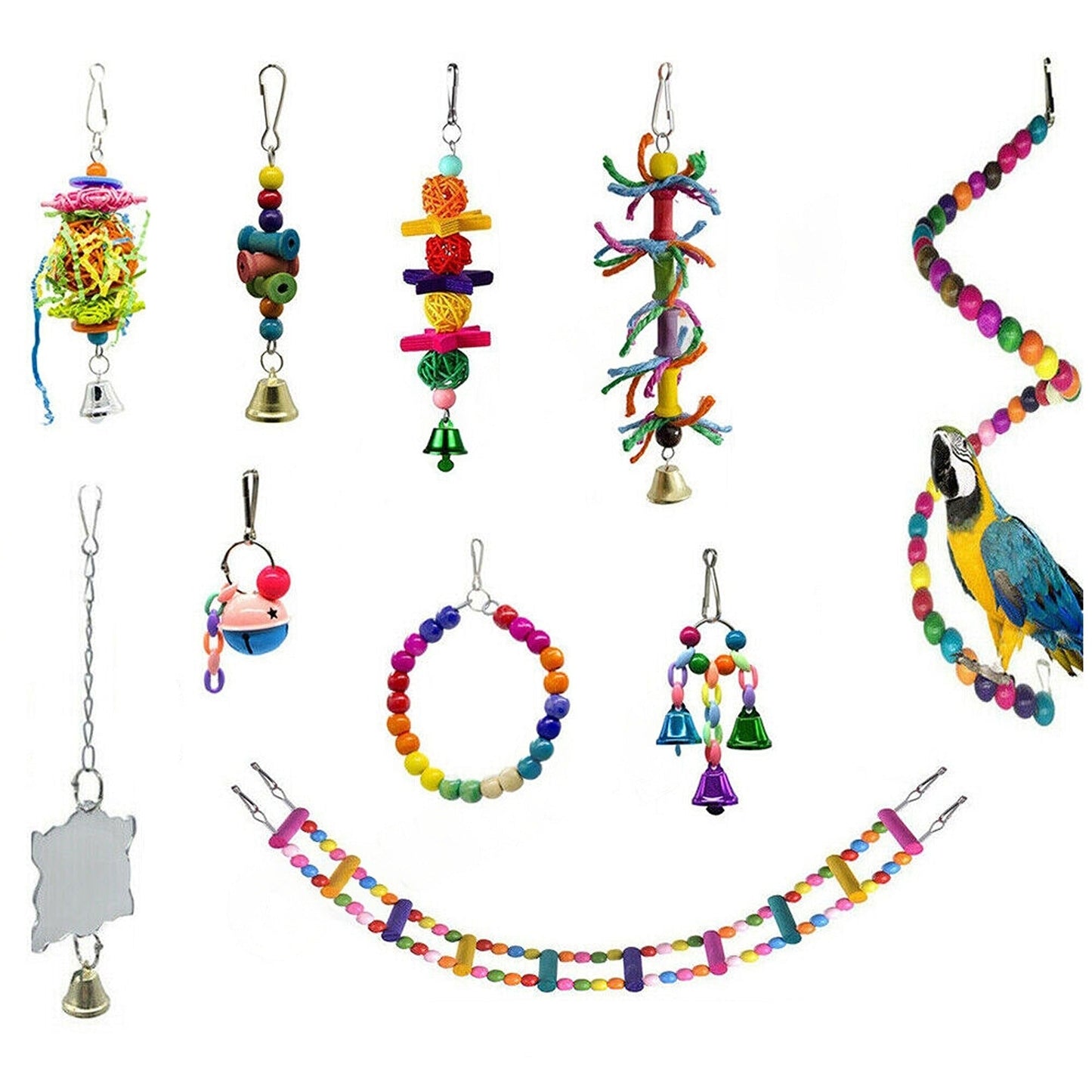 10pcs Hanging Bell Bird Swing Toys Parrot Cage Chewing Toy Set