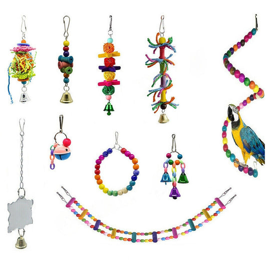 10pcs Hanging Bell Bird Swing Toys Parrot Cage Chewing Toy Set