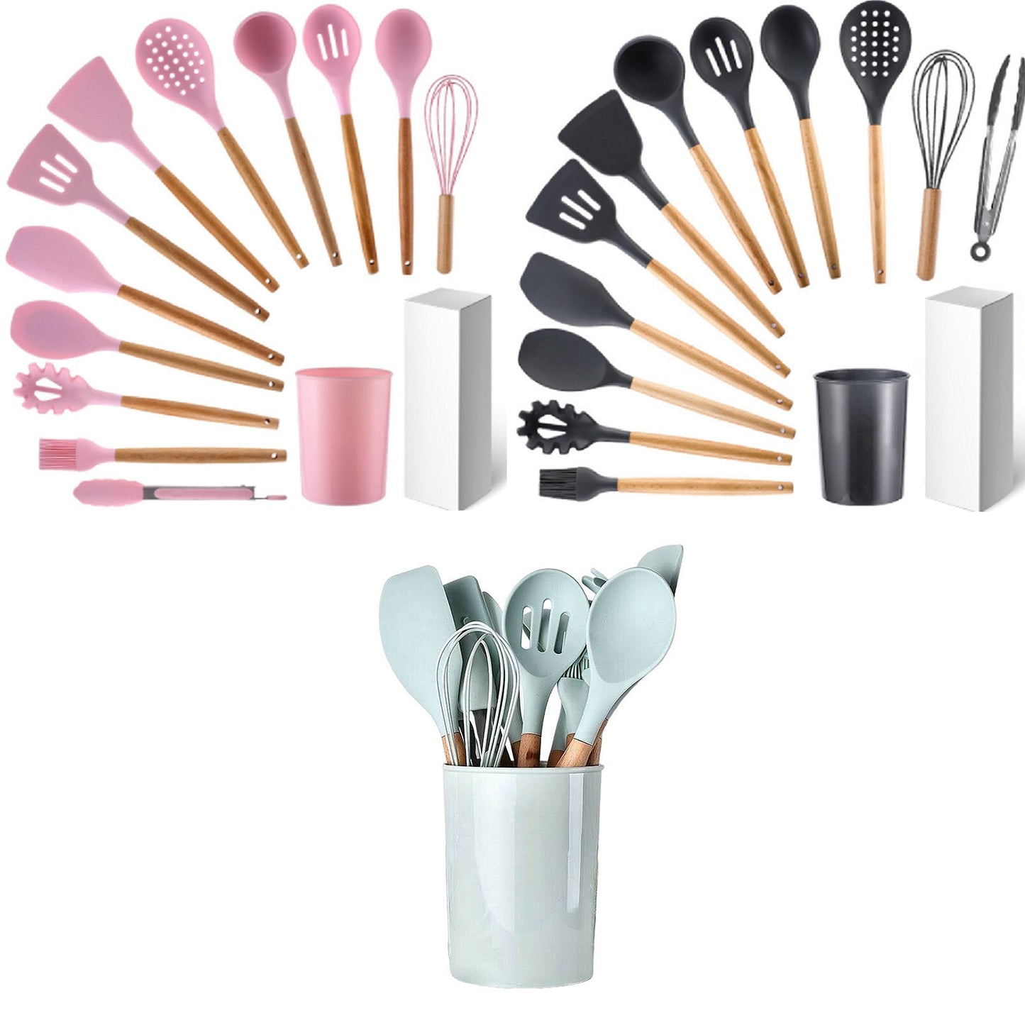 Silicone Cooking Utensils Set with Wooden Handles - 12pcs