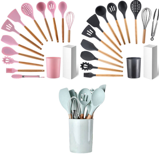 Silicone Cooking Utensils Set with Wooden Handles - 12pcs