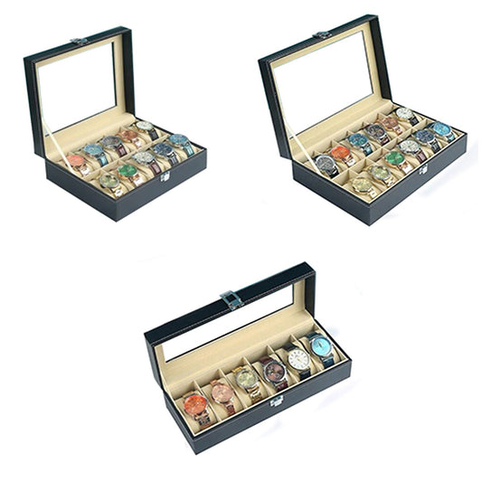 Leather Watch Box Organizer for Jewelry and Watches Glass Display Case