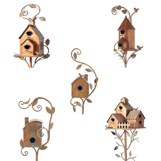 Outdoor Metal Birdhouse Art Stake Rustic Garden Yard Bird House Stand