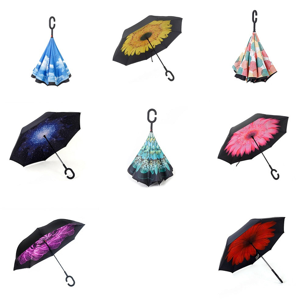 Inverted Windproof Umbrella Double Layer C Handle Reverse Design